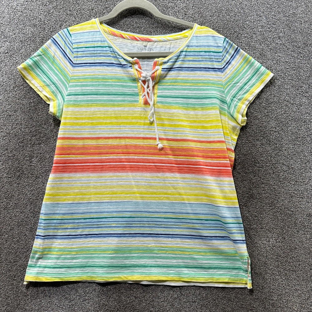 Talbots Lace Up Short Sleeve T-Shirt Women L Cotton Stripe Multi Color Rainbow